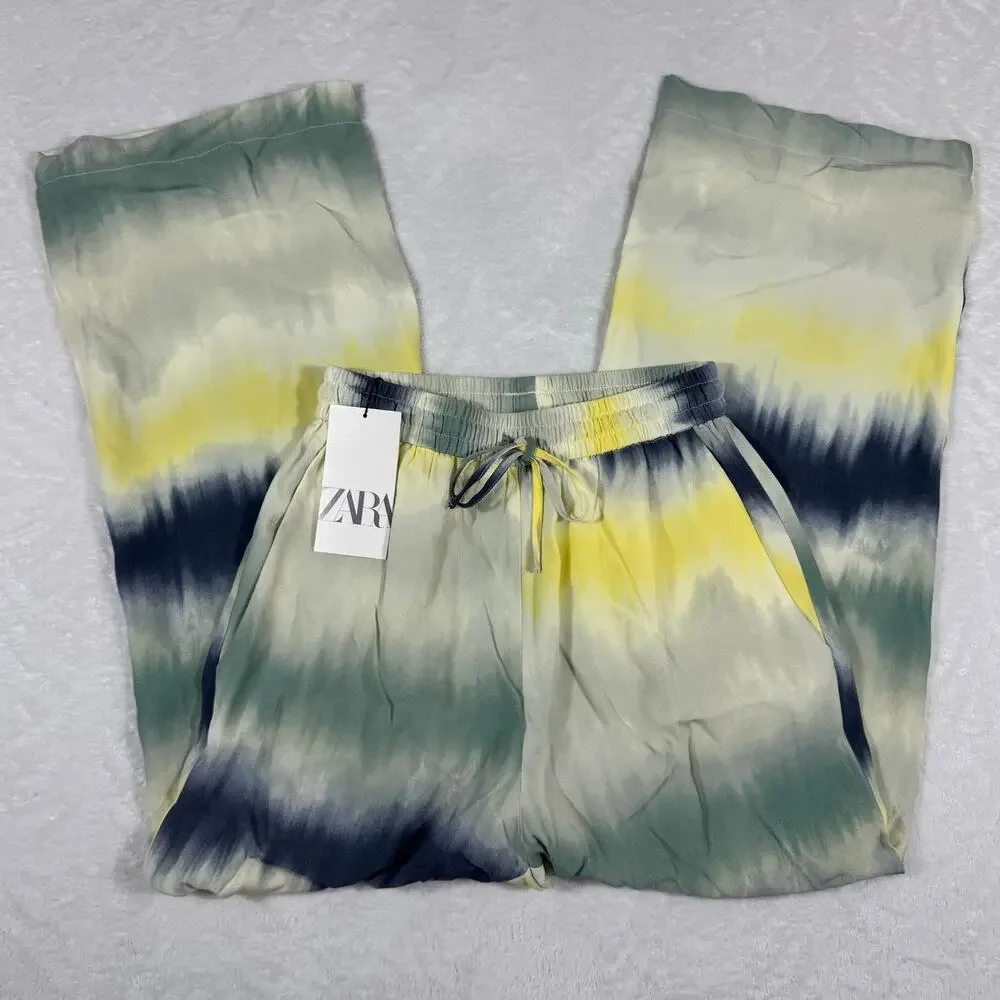 ZARA Fluid Tie-Dye Print Pants Women's‎ XS Loose Fit Wide Leg Drawstring Waist